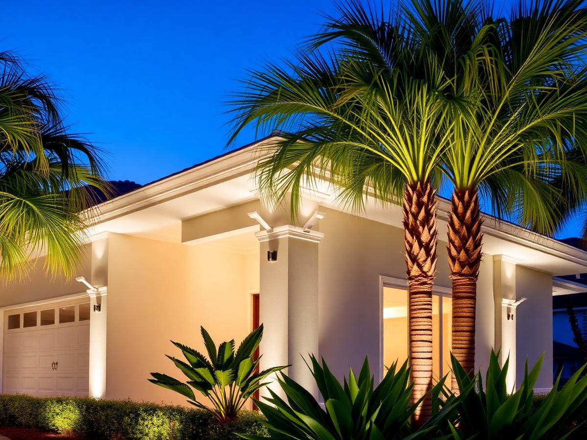 Modern Florida home with gutters and soffit at twilight
